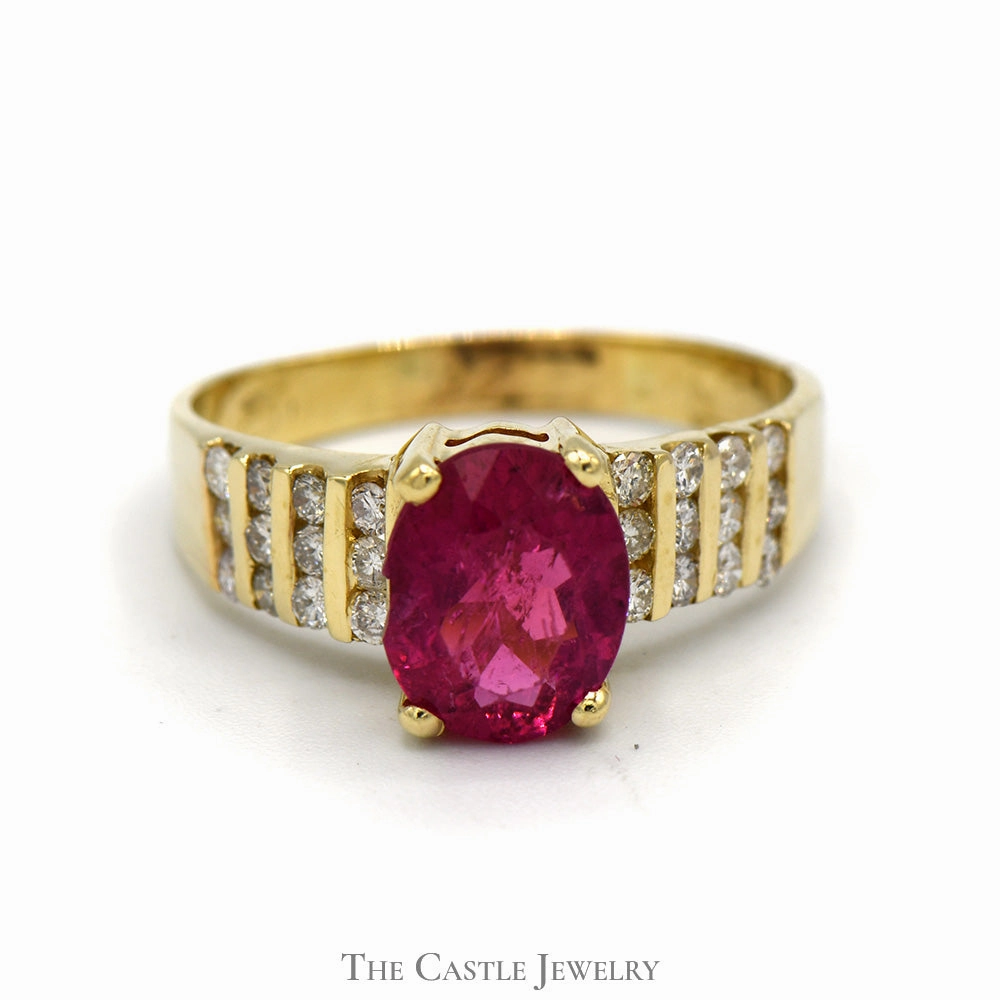 Oval Pink Tourmaline Ring with 8 Rows of Diamonds in 14k Yellow Gold Decorative Jewelry Handcrafted Piece