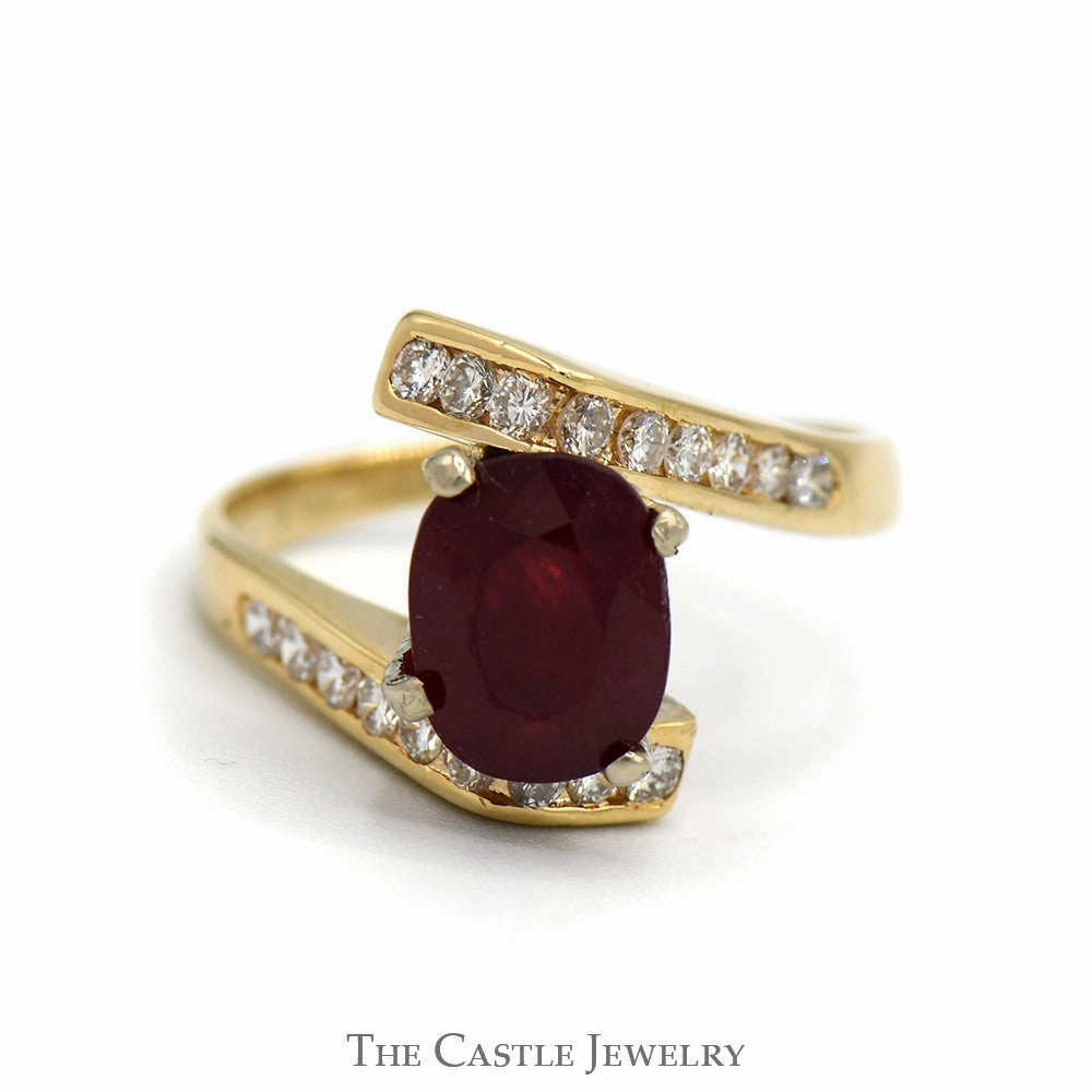 High-End Statement Occasion Wear Oval Ruby Ring with Channel Set Diamond Accented Bypass Setting in 14k Yellow Gold