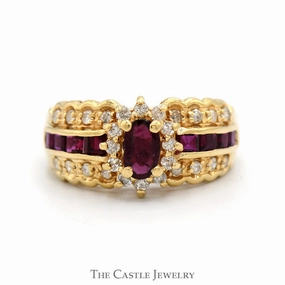 Versatile Accessory Polished Balance Oval Ruby Ring with Diamond Halo and Accented Sides in 14k Yellow Gold