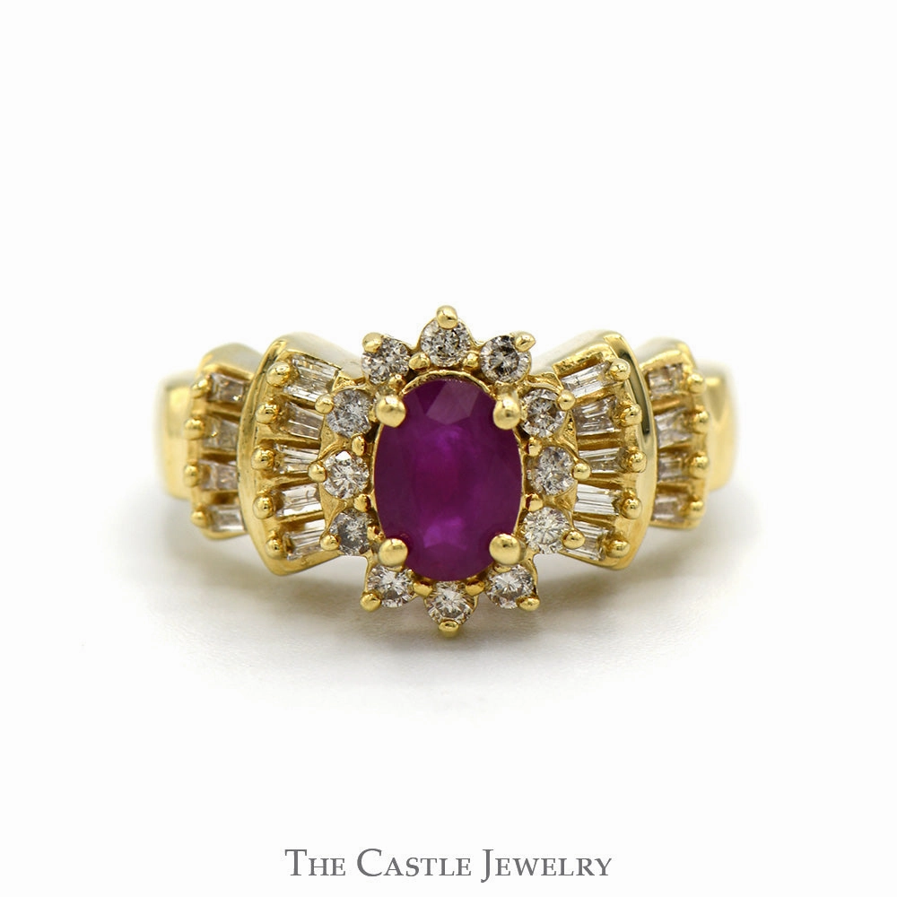 Layering Essential Oval Ruby Ring with Diamond Halo and Baguette Cut Accented Sides in 14k Yellow Gold