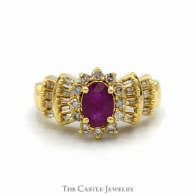 Layering Essential Oval Ruby Ring with Diamond Halo and Baguette Cut Accented Sides in 14k Yellow Gold