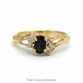 Luxury Mark Oval Sapphire Ring with Diamond Accents in 14k Yellow Gold Open Split Shank Setting