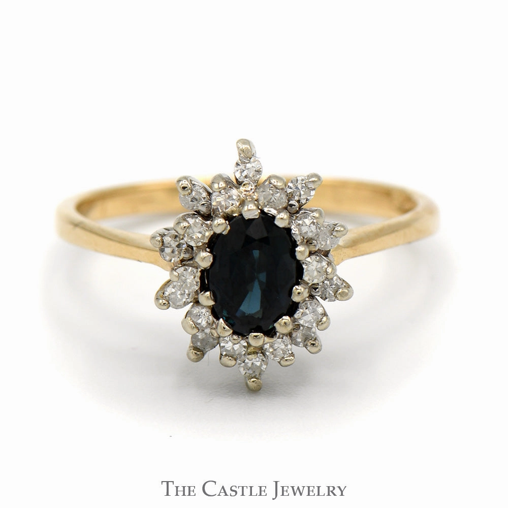 Gala Accessory Commitment Sign Oval Sapphire Ring with Diamond Cluster Halo in 14k Yellow Gold