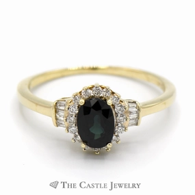 Oval Sapphire Ring with Diamond Halo and Baguette Diamond Accents in 10k Yellow Gold Sparkling Article