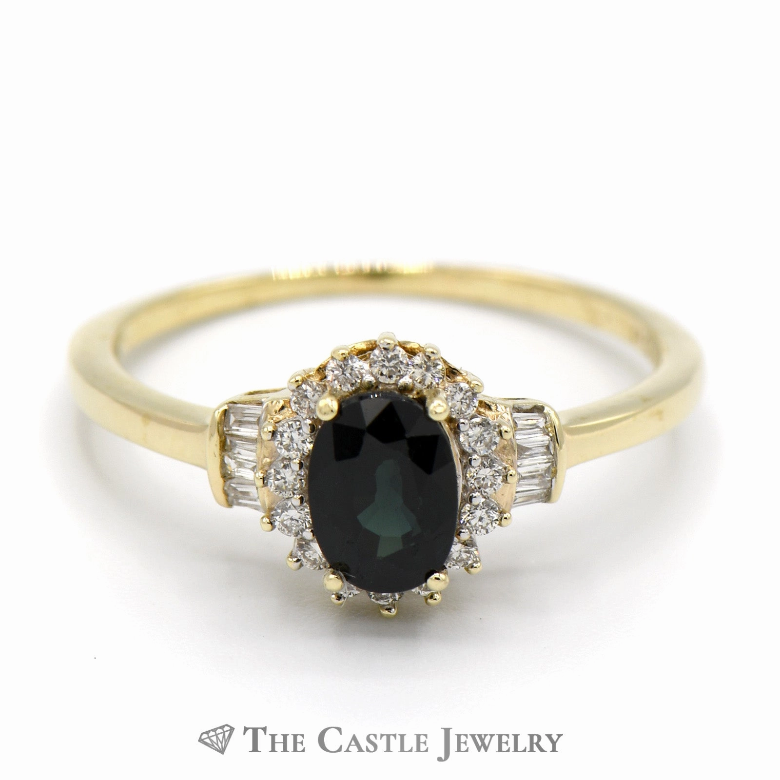 Oval Sapphire Ring with Diamond Halo and Baguette Diamond Accents in 10k Yellow Gold Sparkling Article