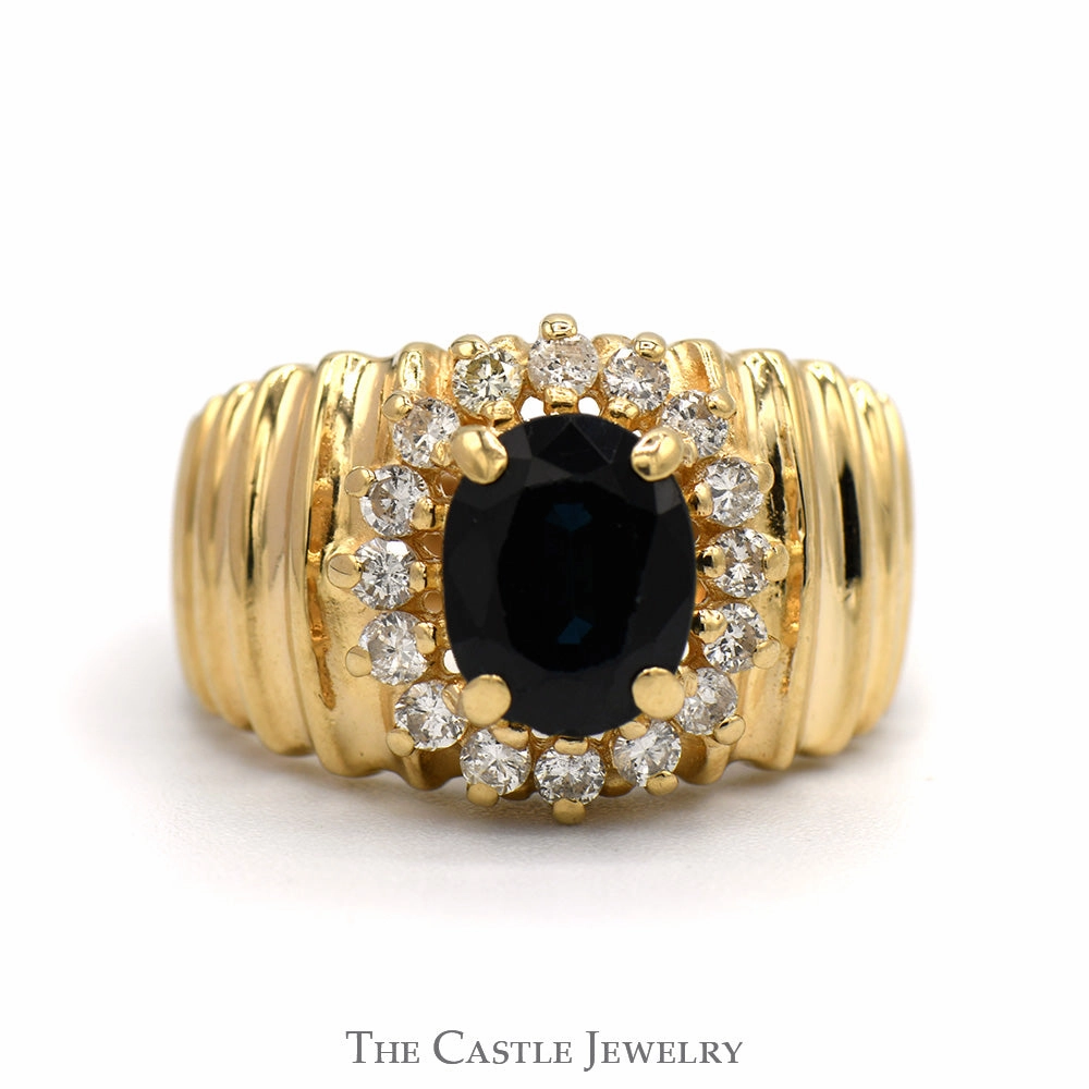 Stylish piece Low-Cost Art Oval Sapphire Ring with Diamond Halo and Wide Ridged Sides in 14k Yellow Gold
