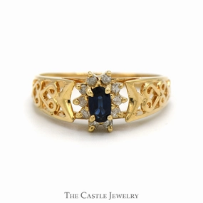 Quality Statement Oval Sapphire Ring with Diamond Halo in 14k Yellow Gold Open Heart Mounting