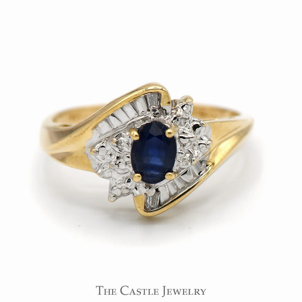 Stylish Accessory Unique Adornment Oval Sapphire Ring with Illusion Set Diamond Accents in 14k Yellow Gold