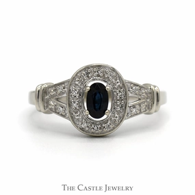 Oval Sapphire Ring with Illusion Set Diamond Halo and Accented Split Shank Sides in 10k White Gold investment piece