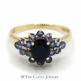 Oval Sapphire Ring with Tanzanite Cluster Sides in 10k Yellow Gold Recycled Content