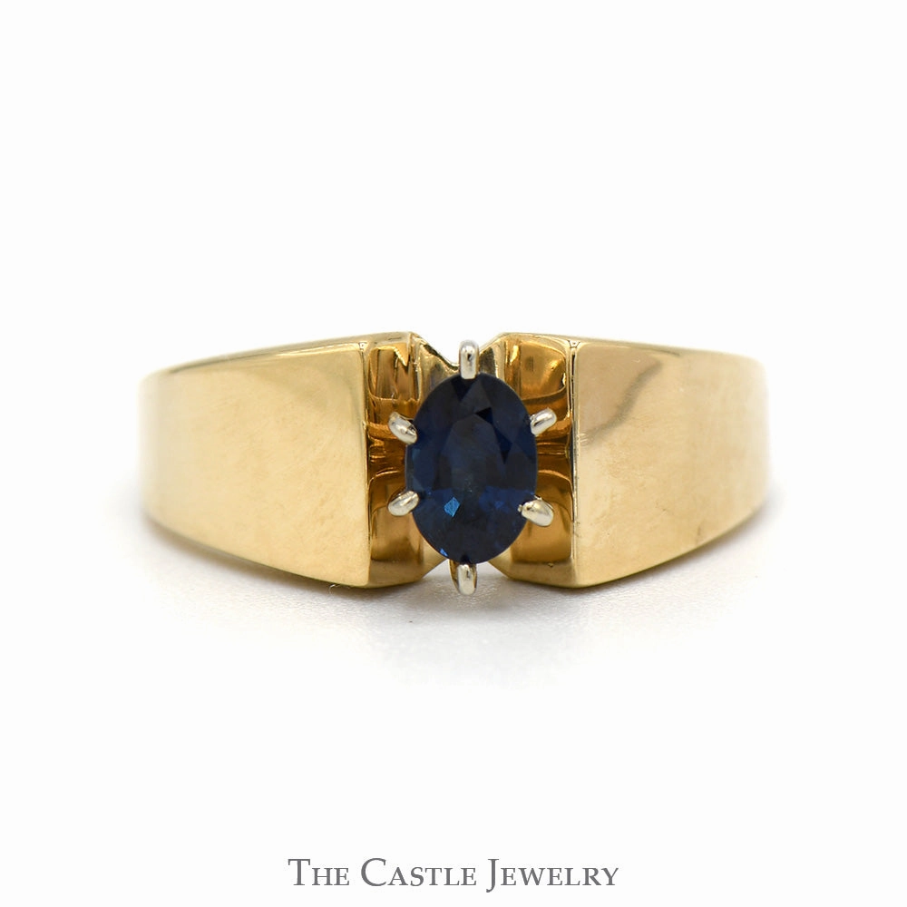Oval Sapphire Solitaire Ring with Wide Polished Band in 14k Yellow Gold Subtle Mood