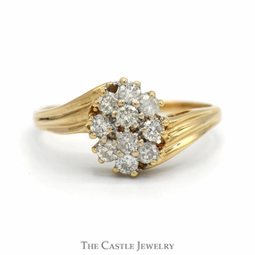 Oval Shaped 1/2cttw Diamond Cluster Ring in 14k Yellow Gold Bypass Mounting Elegant Texture