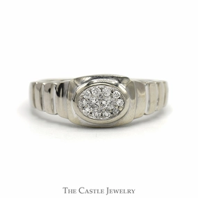 Sparkling Design Oval Shaped 1/4cttw Diamond Cluster Men's Ring with Ridged Sides in 10k White Gold