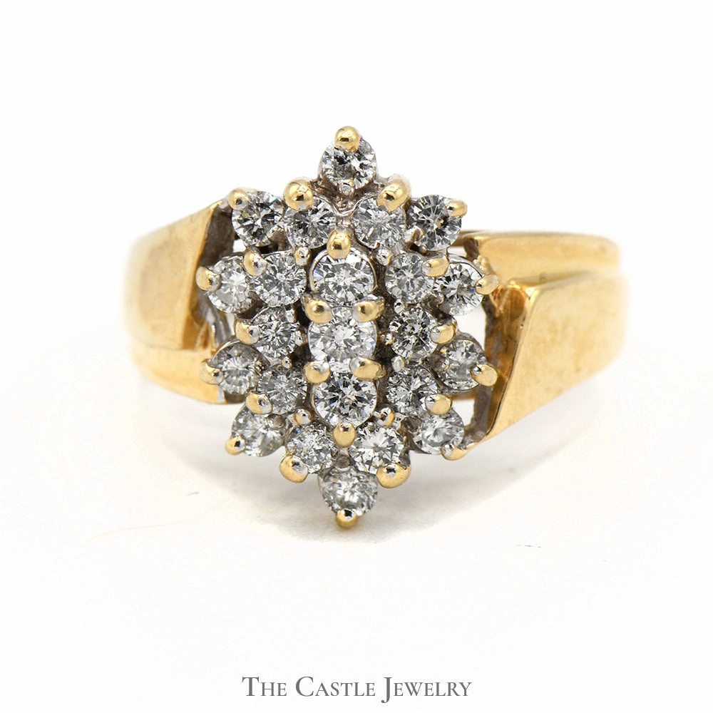 Evening Style Ornate Keepsake Oval Shaped 1cttw Diamond Cluster Ring with Open Ridged 14k Yellow Gold Setting