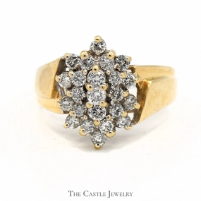 Evening Style Ornate Keepsake Oval Shaped 1cttw Diamond Cluster Ring with Open Ridged 14k Yellow Gold Setting