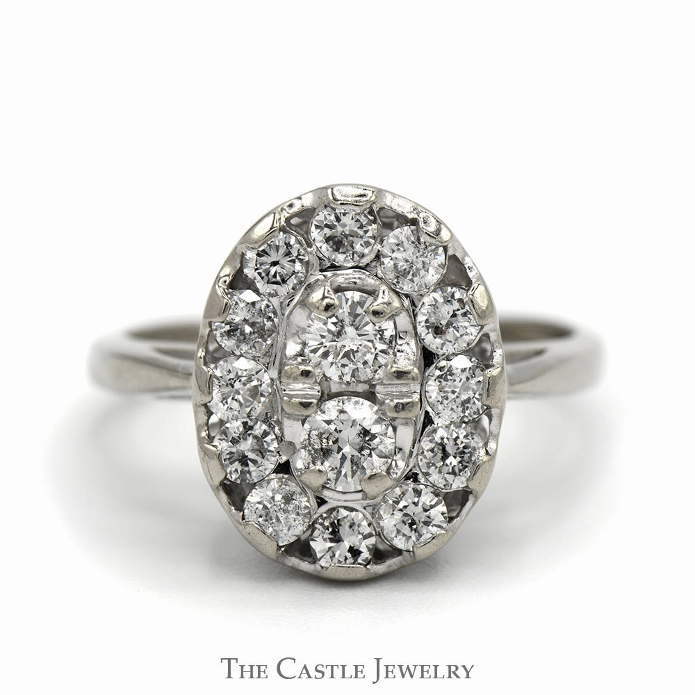 Oval Shaped 3/4cttw Diamond Cluster Ring in 14k White Gold Simple Piece