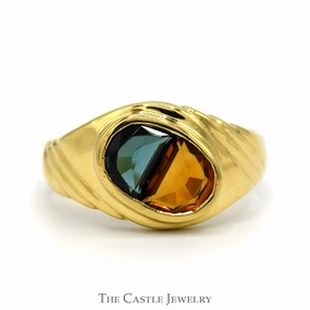 Easy on Balanced Beauty Oval Shaped Blue Topaz and Citrine Combo Ring in 18k Yellow Gold Ridged Mounting