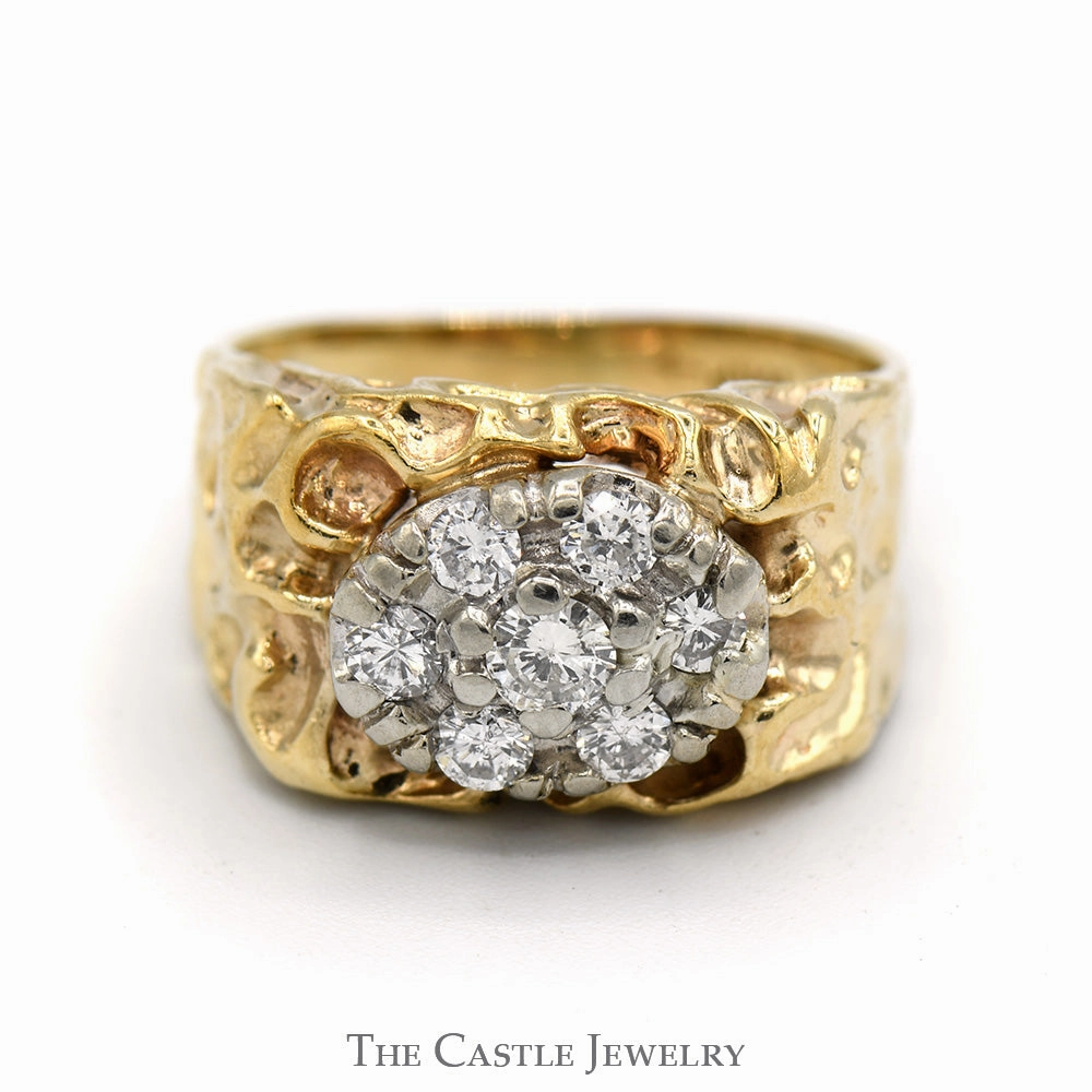 Oval Shaped Diamond Cluster Ring with Nugget Designed Sides in 10k Yellow Gold Contemporary Accent