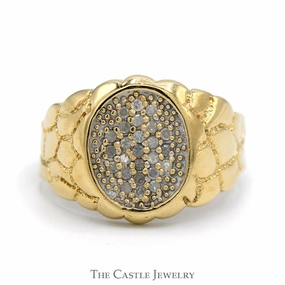 High-Quality Look Imperial Measure Oval Shaped Diamond Cluster Ring with Nugget Style Sides in 10k Yellow Gold