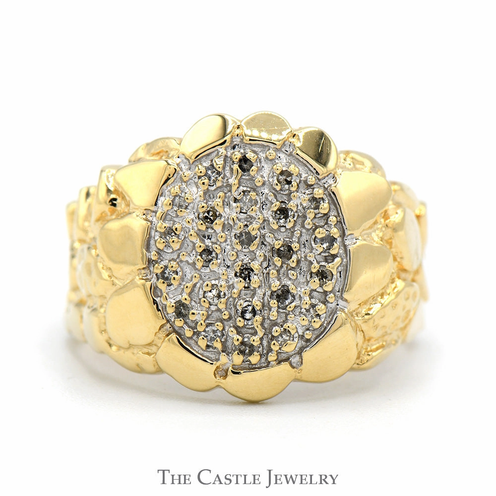 Custom Expression Oval Shaped Diamond Cluster Ring with Nugget Textured Sides in 10k Yellow Gold