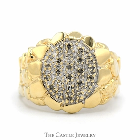 Custom Expression Oval Shaped Diamond Cluster Ring with Nugget Textured Sides in 10k Yellow Gold