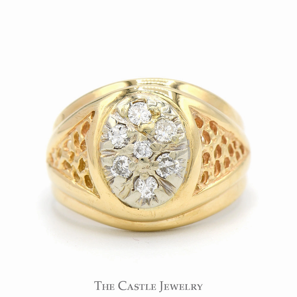 Oval Shaped Diamond Cluster Ring with Open Nugget Style Tapered Sides in 14k Yellow Gold Couple Jewelry photo shoot