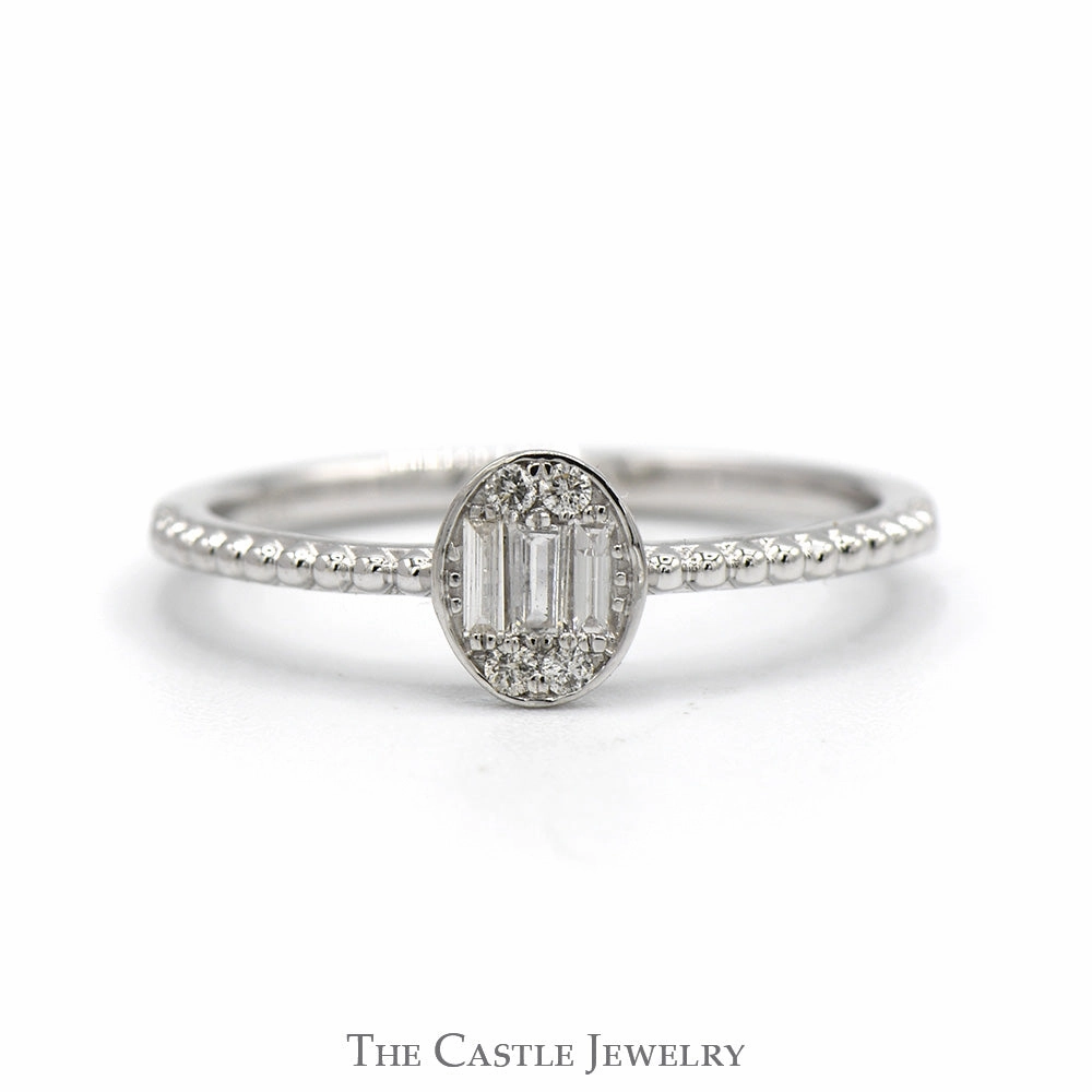 Classic Appeal Tough Build Oval Shaped Round & Baguette Diamond Cluster Ring with Beaded Sides in 10k White Gold