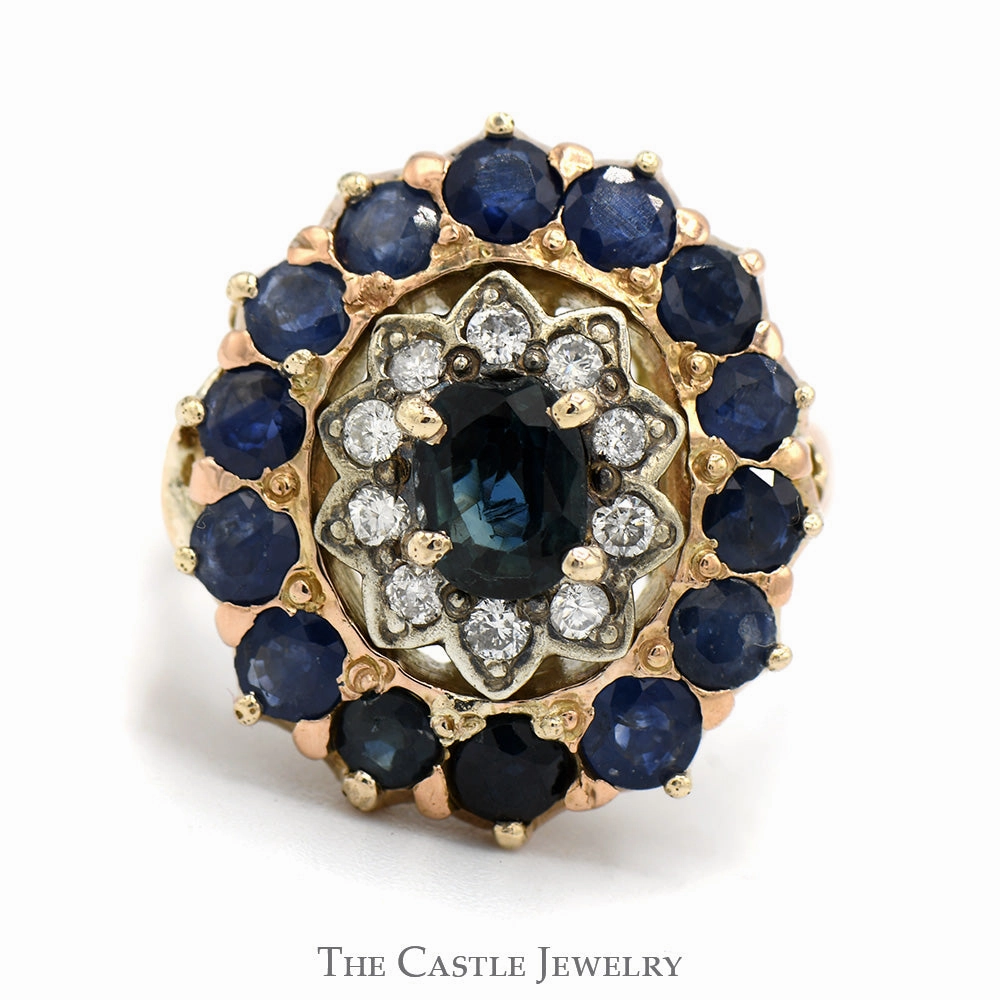 Curved Line Oval Shaped Sapphire & Diamond Cluster Ring in 14k Rose Gold