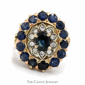 Curved Line Oval Shaped Sapphire & Diamond Cluster Ring in 14k Rose Gold