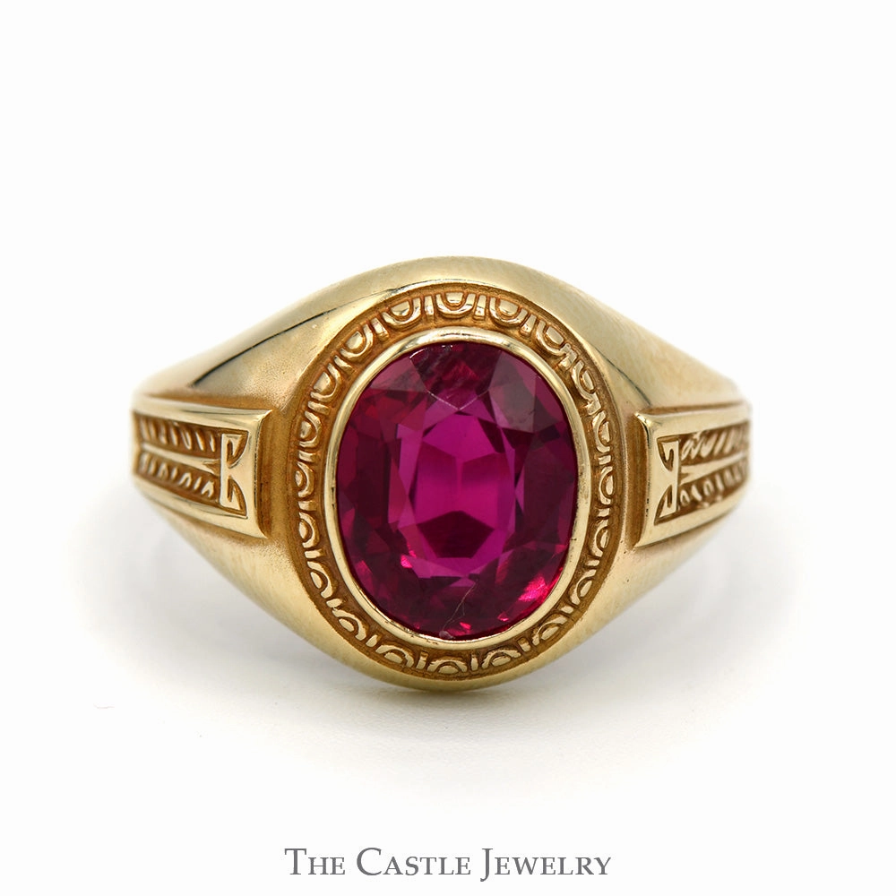 Strong Look All Event Oval Synthetic Ruby Men's Ring with Ornate Bezel and Sides in 10k Yellow Gold
