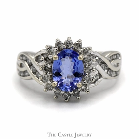 Oval Tanzanite Ring with 1/2cttw Diamond Halo and Accents in Crossover Designed 14k White Gold Setting Boho Jewelry