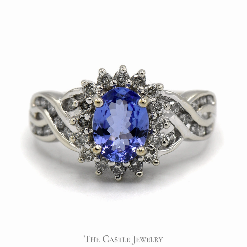 Oval Tanzanite Ring with 1/2cttw Diamond Halo and Accents in Crossover Designed 14k White Gold Setting Boho Jewelry