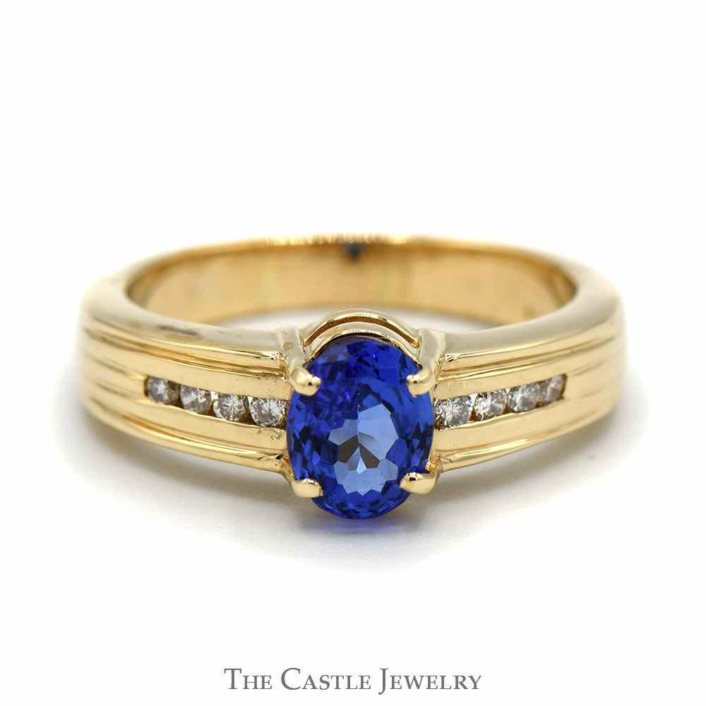 Oval Tanzanite Ring with Channel Set Round Diamond Accents in 14K Yellow Gold Memory Lane