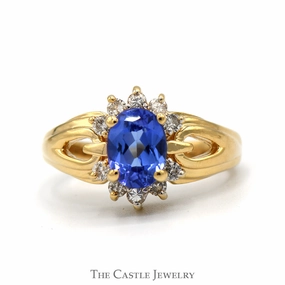 Metric Measure Oval Tanzanite Ring with Diamond Accents in Open 14k Yellow Gold Mounting