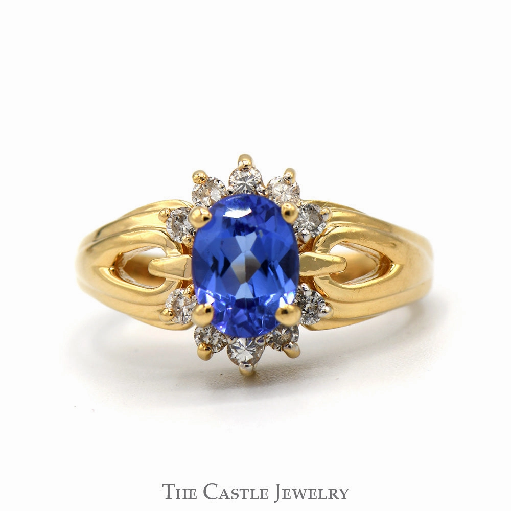 Metric Measure Oval Tanzanite Ring with Diamond Accents in Open 14k Yellow Gold Mounting