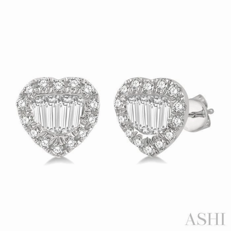 Distinctive Glow Bold Statement 3/8 ctw Heart Shape Baguette Center & Round Cut Diamond Earrings in 14K White Gold