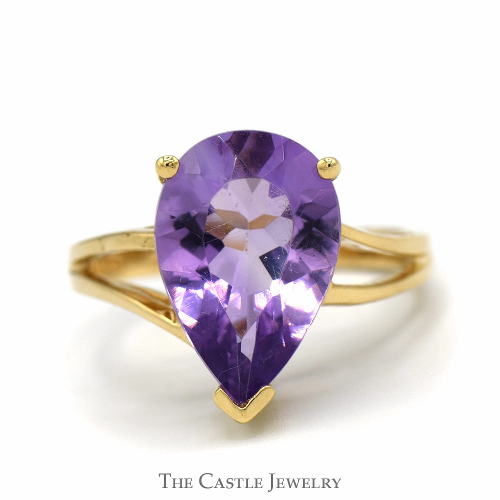 Pear Cut Amethyst Ring with Split Shank Sides in 10k Yellow Gold Lovely Look