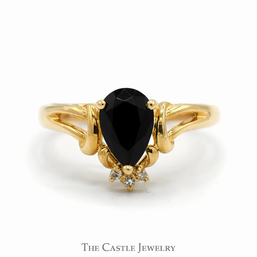 Glamorous Ornament Pear Cut Black Onyx Ring with Diamond Accents in 14k Yellow Gold