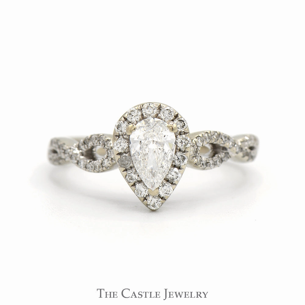 Modern Symbol Pear Cut Diamond Engagement Ring with Diamond Halo and Accented Twisted Sides in 14k White Gold