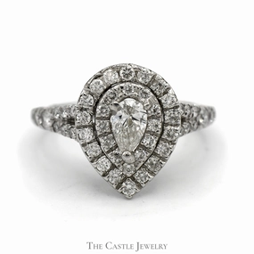 Pear Cut Diamond Engagement Ring with Double Diamond Halo and Accents in 14k White Gold Giftable Present
