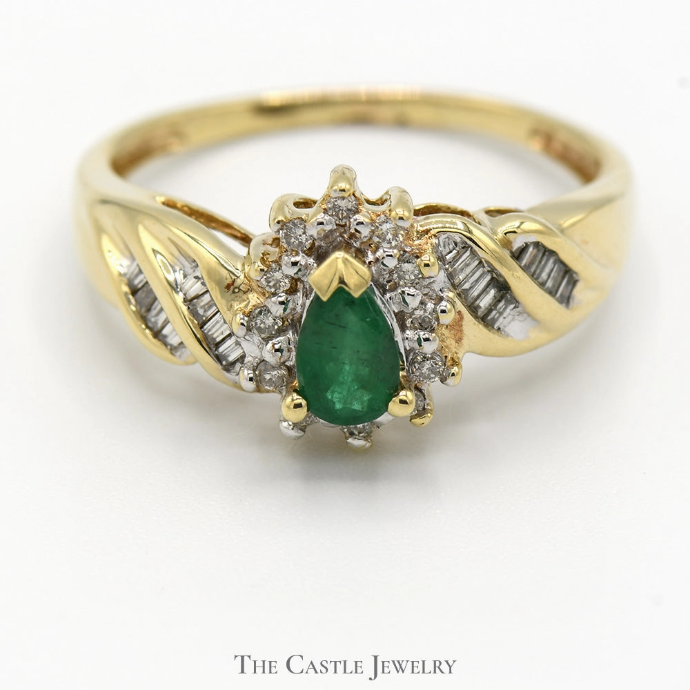 Pear Cut Emerald Ring with Diamond Halo and Baguette Accents in 10k Yellow Gold Polished Shine