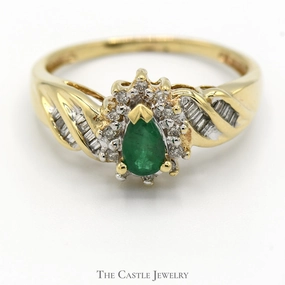 Pear Cut Emerald Ring with Diamond Halo and Baguette Accents in 10k Yellow Gold Polished Shine