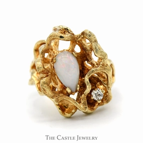 Resilient material HighEnd Art Pear Cut Opal Ring with Diamond Accent in 14k Yellow Gold Coral Designed Free Form Setting