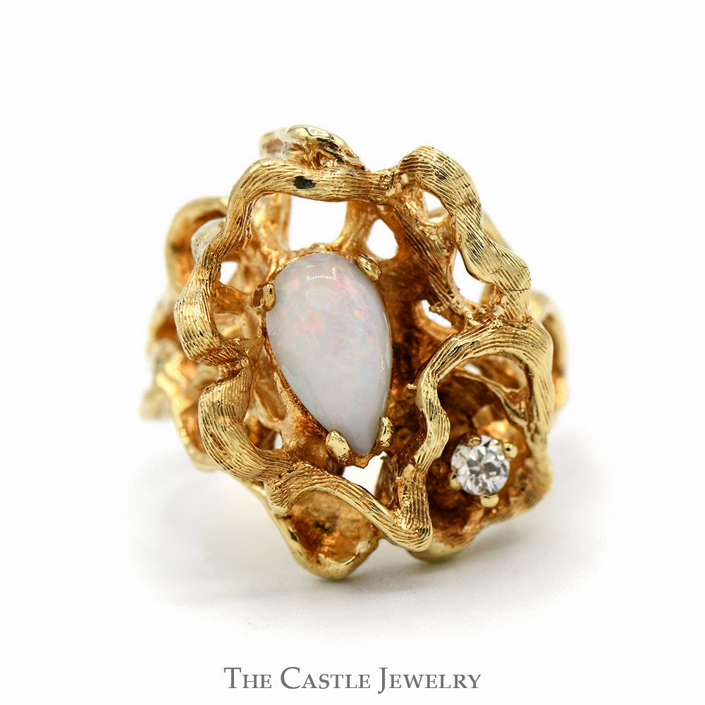 Resilient material HighEnd Art Pear Cut Opal Ring with Diamond Accent in 14k Yellow Gold Coral Designed Free Form Setting