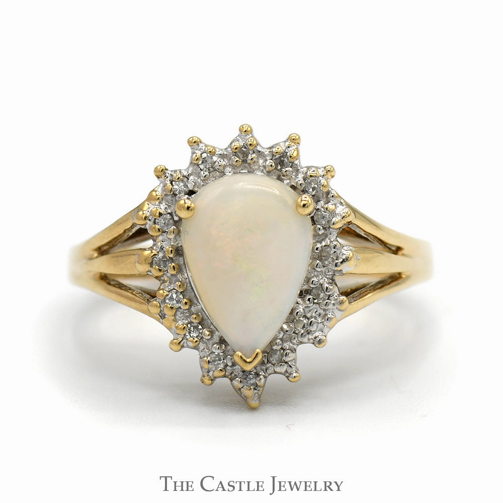 Premium Adornment Pear Cut Opal Ring with Diamond Halo and Split Shank Sides in 10k Yellow Gold