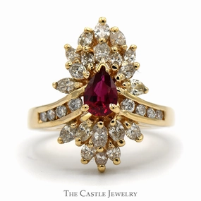 Premium Care Pear Cut Ruby Ring with 2cttw Diamond Cluster and Accents in 14k Yellow Gold