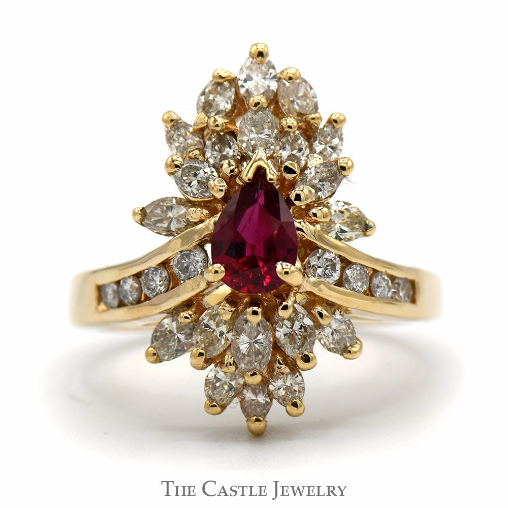 Premium Care Pear Cut Ruby Ring with 2cttw Diamond Cluster and Accents in 14k Yellow Gold