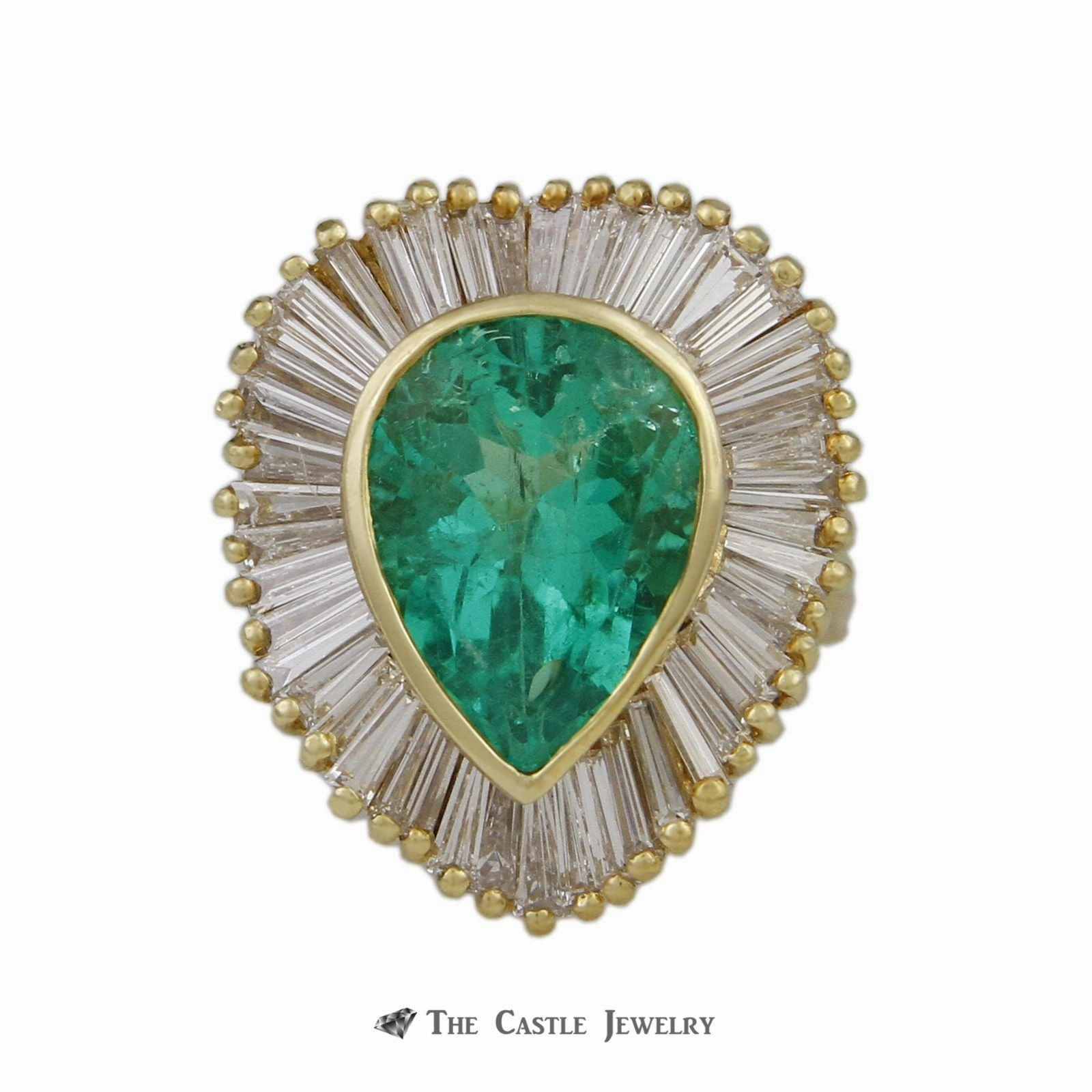 Pear Shaped 6.50ct Emerald Ring with Wavy 5.50cttw Baguette Halo Quality Work Romantic Ornament