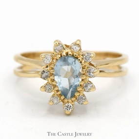 Pear Shaped Aquamarine Ring with Diamond Halo in 10k Yellow Gold Split Shank Setting Sentimental Style