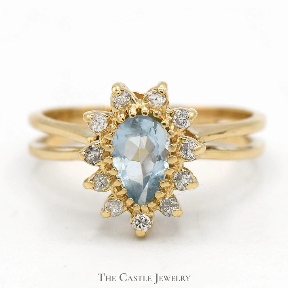 Pear Shaped Aquamarine Ring with Diamond Halo in 10k Yellow Gold Split Shank Setting Sentimental Style